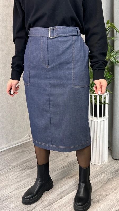 Klasyczna spódnica jeansowa midi granatowa z paskiem ołówkowa rozmiar 46 18 xxxl plus size obraz 3